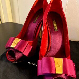 Louis Vuitton Maroon Satin Bow Peep-Toe Pumps